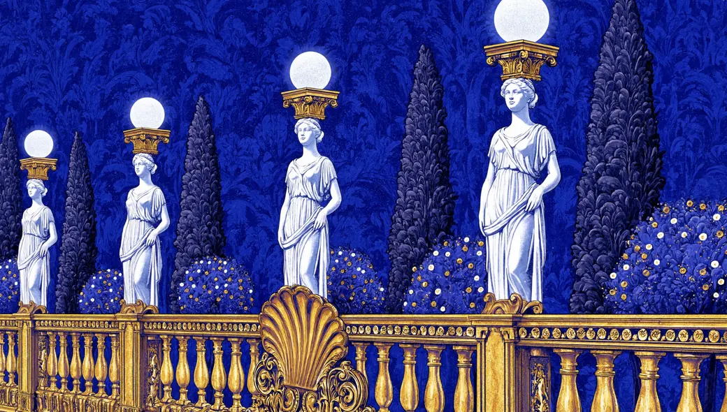 Marble caryatids holding glowing moon globes above a gilded balustrade